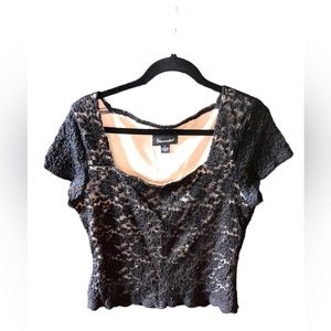 Connected brand size XL tan lined black lace square neck top. Scalloped hem.VGUC